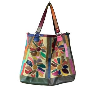 American Leather Boho Patchwork Flower Shoulder Bag Multicolor Leather Canvas
